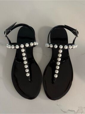 Stuart Weitzman Black Pearl-Trim T-Strap Sandals
